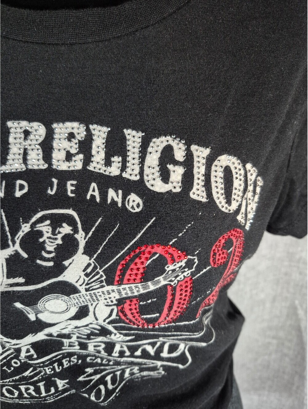 True Religion OG Crystal Buddha Baby Crew Tee Women’s Small Cropped Rhinestone - Picture 3 of 6